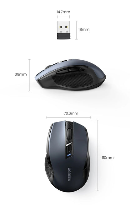 Bezdrátová myš UGREEN Bluetooth 5.0, ergonomická myš 4000 DPI se 6 tichými tlačítky pro MacBook, tablet, notebook, počítač PC, 2.4G myš
