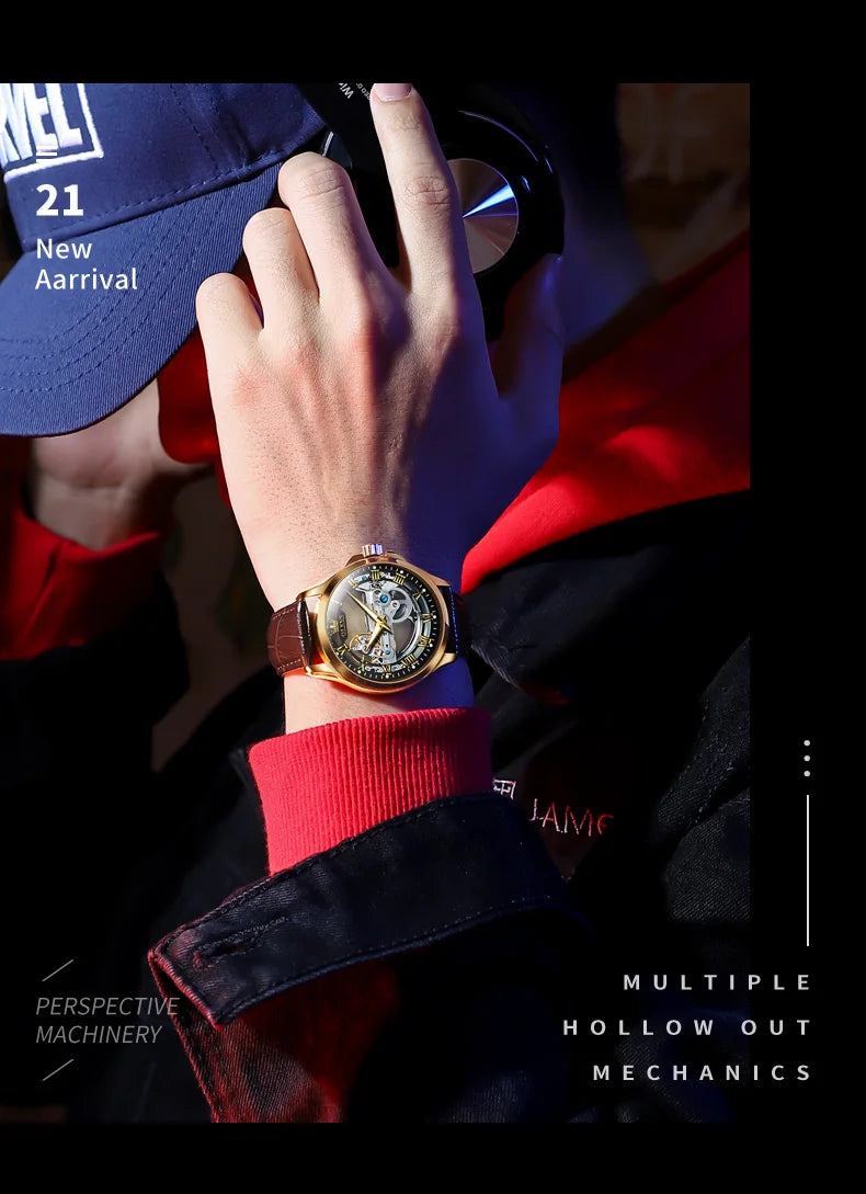 OLEVS Skeleton Automatic Mechanical Watch Men Leather Strap Luminous Waterproof Luxury Business Wristwatch For Man 6661
