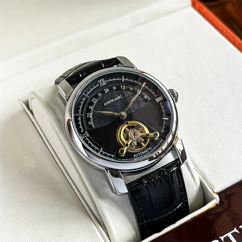 Men’s automatic mechanical watch – Elegant skeletonised design, trendy ‘business casual’ style, alloy case and leather strap, battery-free