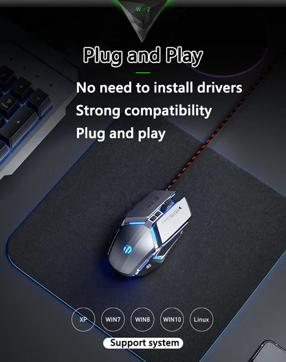 Inphic W2 2. generace USB kabelová herní myš, tiché kliknutí, kovový styl, 6 tlačítek s programováním maker, 8800DPI