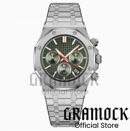 Gramock VK63 Fashionable Men's Quartz Chronograph Luxury Sapphire Stainless Steel Rose Gold Index Dial Waterproof 5Bar Luminous