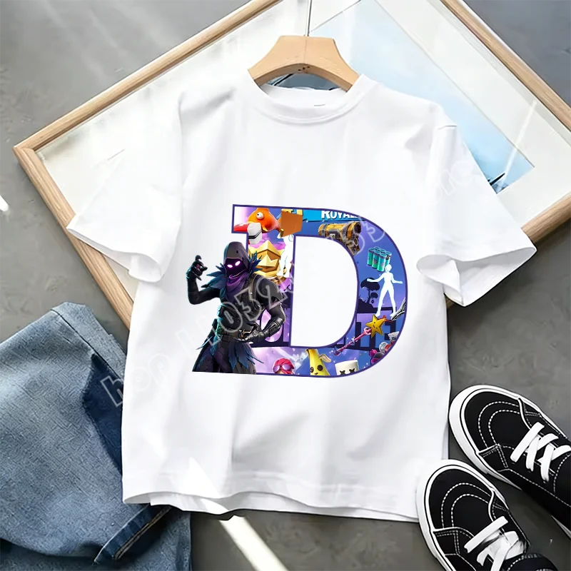 Tricou Fortnite cu imprimeu alfabet A-Z, de vară, pentru copii, alb, îmbrăcăminte cu joc cartoon popular, tricou fashion casual cu mânecă scurtă, cadou