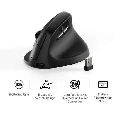 Keychron M5 trådløs ergonomisk optisk mus, 8K polling rate, 2.4GHz og Bluetooth, Type-C, 3950-sensor