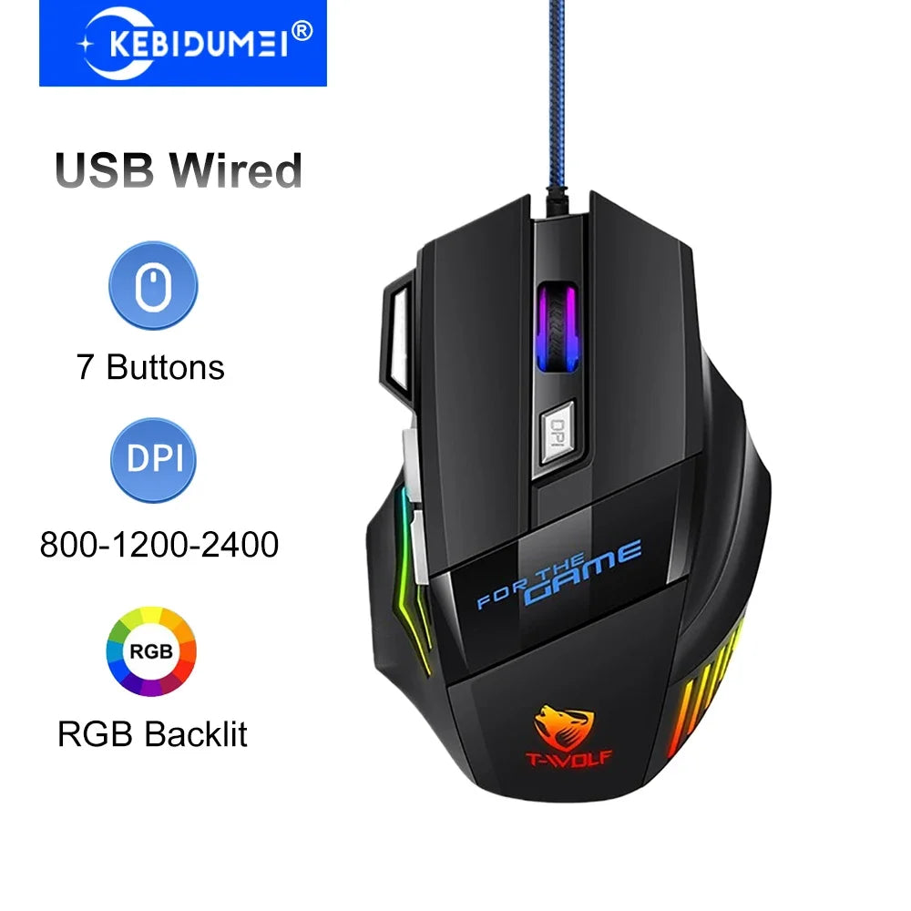 KEBIDUMEI trådbunden gamingmus med 7 knappar, RGB-bakgrundsbelysning, ergonomisk USB-mus, 2400 DPI, 3 DPI-nivåer, för PC, laptop, Windows och Mac OS