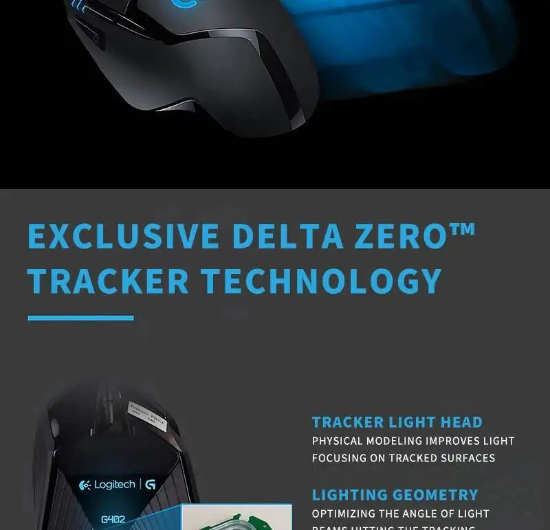 „Logitech G402“ žaidimų pelė su „Fusion Engine“ technologija, 4 DPI nustatymais, 32 bitų procesoriumi ir neslystančia danga profesionaliam konkurenciniam žaidimui