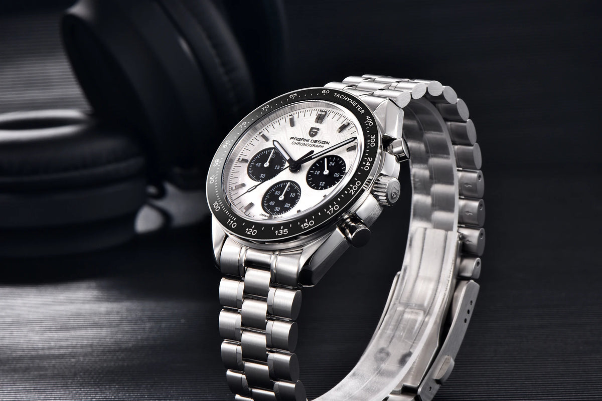 Relógio para homem PAGANI DESIGN «New Moon» – Relógio de quartzo de luxo, cronógrafo, vidro de safira com tratamento antirreflexo, luneta em cerâmica, ponteiros luminescentes