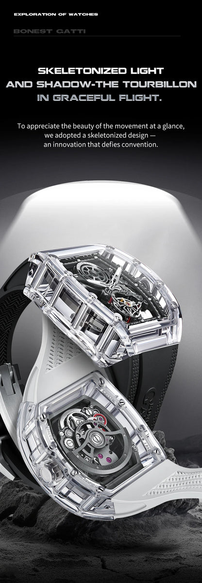 BONEST GATTI Automatic Movement Tourbillon Mechanical Wristwatch Crystal Case Luminous Watch Fluororubber Strap Watches for Men