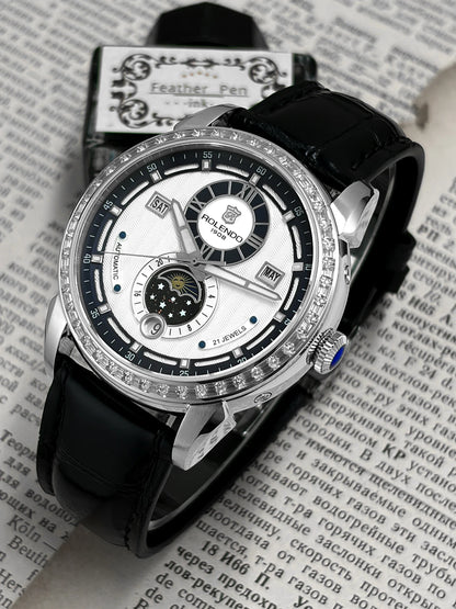 ROLENDO 1908 Men Automatic Mechanical Watch Diamond Luminous Leather Strap Waterproof Business Luxury Wristwatch For Male Gift