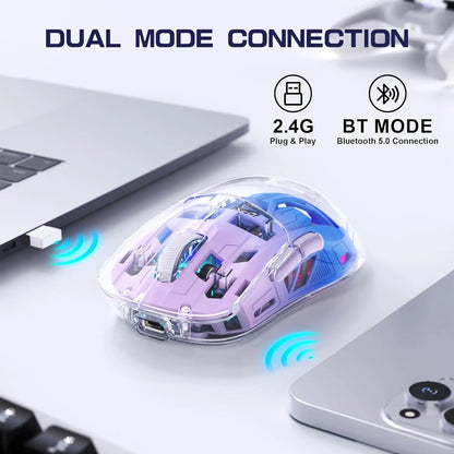 A2 transparent trådløs gamingmus, BT 5.0/2.4G genopladelig RGB-mus til PC med digital skærm, PixArt 3212, 5 justerbare DPI