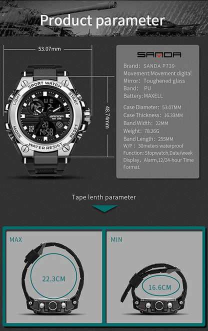 SANDA Top Luxury Watches Men Military Army Mens Watch Waterproof Sport Wristwatch Dual Display Watch Male Relogio Masculino