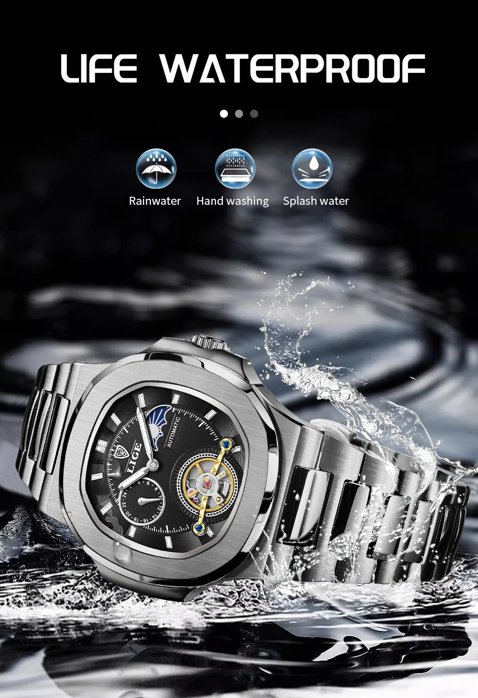 LIGE Watch For Man Luxury Business Waterproof Luminous Mechanical Watches Fashion Moon Phase Automatic Movement Men's Watches