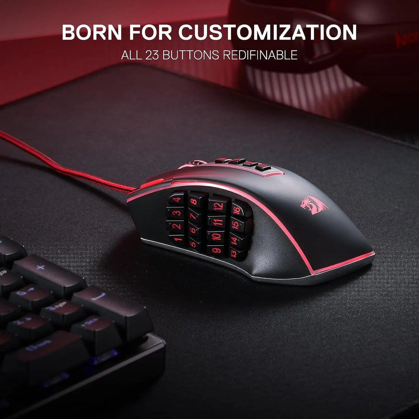 Herní myš Redragon M990 MMO, 32000 DPI, vysoce přesná kabelová RGB myš pro hráče s 23 programovatelnými tlačítky, 16 bočních makro klávesami