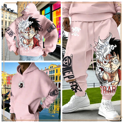 One Piece Luffy Gear 5 Hoodie Pants Set Red Cotton Tracksuit with Character Print on Hoodie Front Pant Side Loose Fit Two Piece