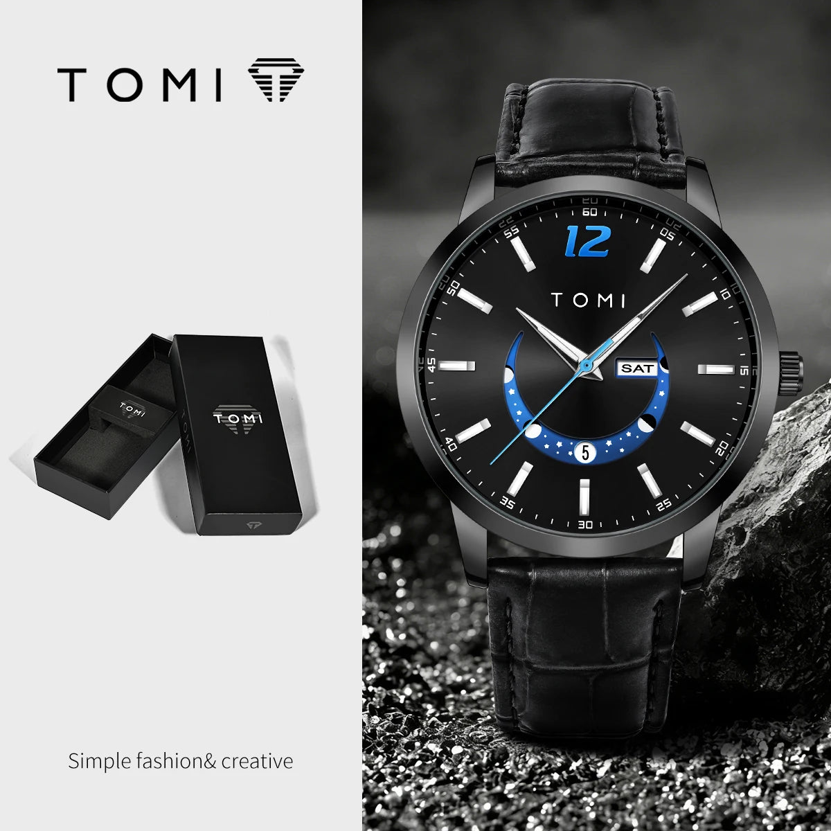Montre à quartz TOMI, style business et élégant, avec bracelet en cuir, boîtier en alliage et cadran à aiguilles – Design haut de gamme, idée cadeau pour homme
