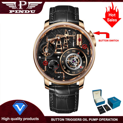 PINDU Design New Button Oil Pump Quartz Watch for Men Swiss Quartz 762 Movement Sapphire Waterproof Stainless Steel Men's Watch