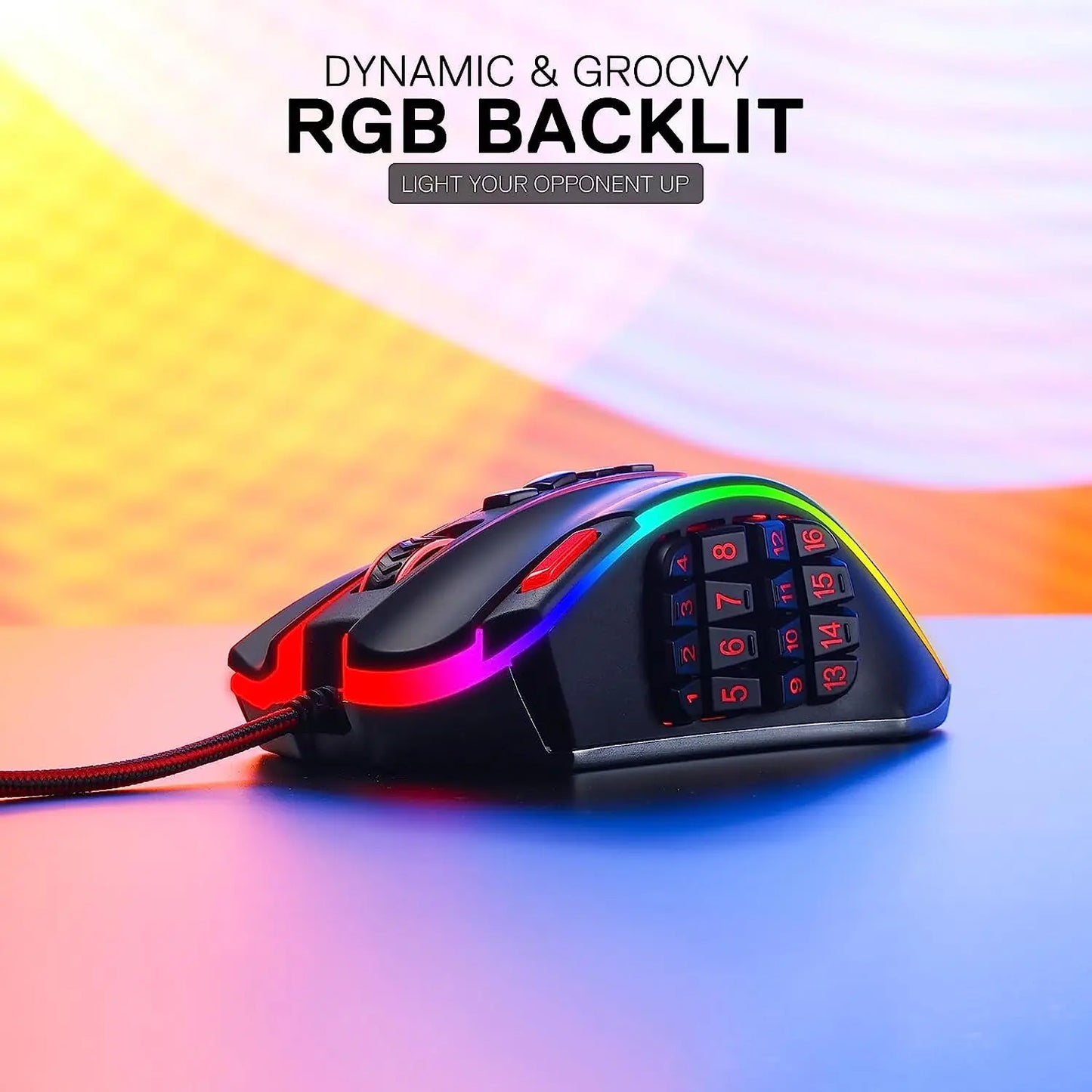 Herní myš Redragon M990 MMO, 32000 DPI, vysoce přesná kabelová RGB myš pro hráče s 23 programovatelnými tlačítky, 16 bočních makro klávesami