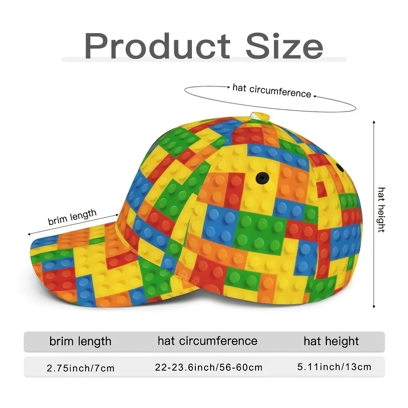 Colorful Building Block Print Kids Baseball Cap Unisex Sun Hat UV Protection Casual Outdoor Toy Lover Fashion Dad Hat