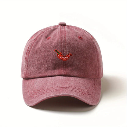 1pc Retro Washed Baseball Caps for Women,with Chili Pepper Embroidery,Adjustable Snapback,Lightweight Breathable for Daily Wear