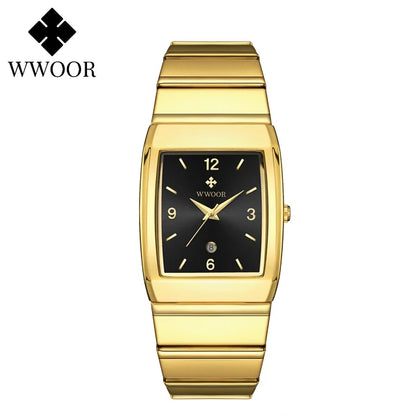 Relogio Masculino WWOOR New Man's Square Watch For Men with Automatic Date Luxury Stainless Steel Gold Mens Quartz Wrist Watches