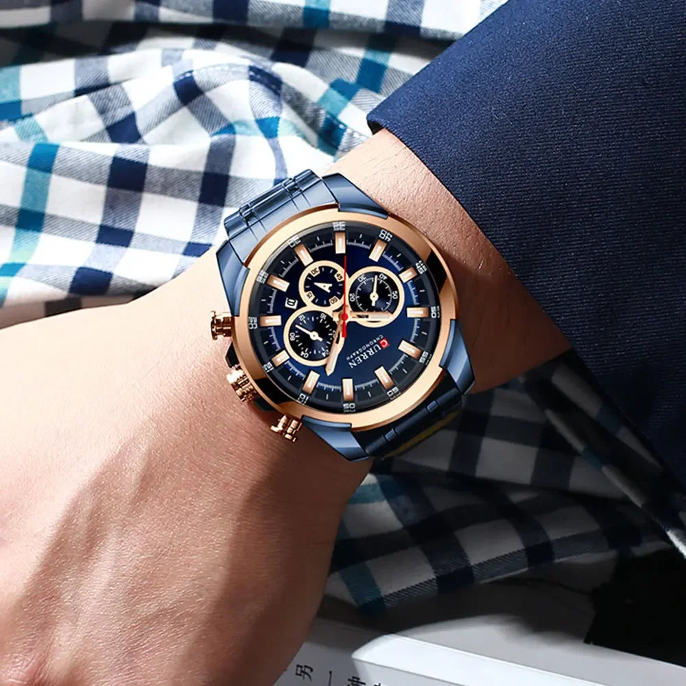 Relógio cronógrafo para homem CURREN, mostrador grande de 48 mm, bracelete em aço inoxidável, três submostradores, relógio de pulso desportivo de quartzo, estilo luxuoso