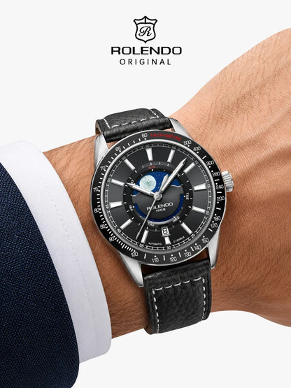 ROLENDO 1908 Men Automatic Mechanical Watch 21 Jewels Black Genuine Leather Business Wristwatch Waterproof Luxury Male Timepiece