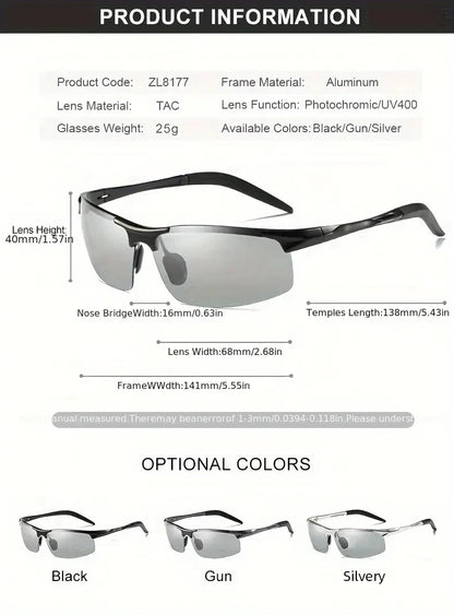 CLLOIO Aluminum Rimless Photochromic Sunglasses Men Polarized Driving Chameleon Anti-Glare Glasses Travel Fishing Goggle UV400