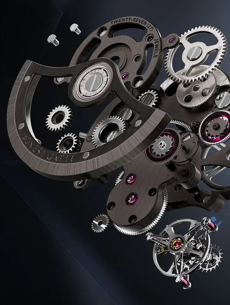 BONEST GATTI Men Automatic Mechanical Watch Skeleton Dial Sapphire Crystal Fluororubber Strap Waterproof Luminous Business watch