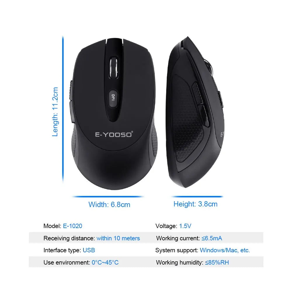E-YOOSO E-1020 USB 2.4G trådlös gamingmus, tyst ljudlös kontorsmus, 2400 DPI optisk spelmus, ergonomisk för laptop, PC och dator
