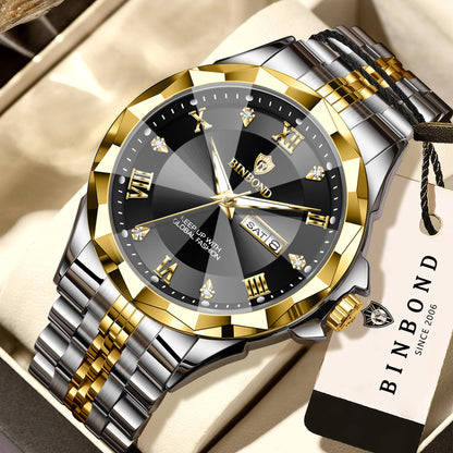 BINBOND-miesten kvartsikello – Ylellinen, valaistu ja vesitiivis rannekello, jossa on viikonpäivän ja päivämäärän automaattinen näyttö.