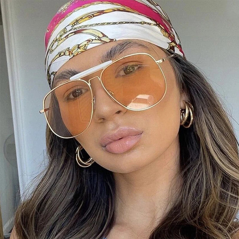 Metal Frame Pilot Sunglasses For Women Double Bridge Champagne Sun Glasses Woman Luxury Square Clear Oversize Shades