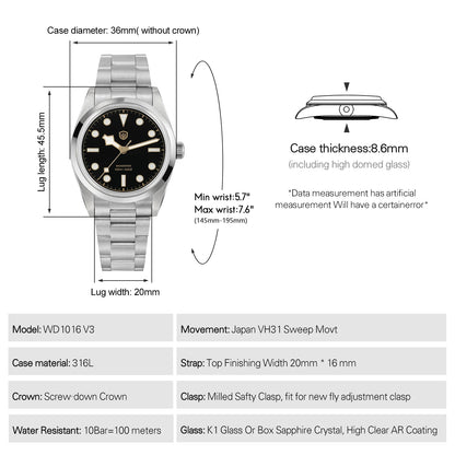 Watchdives WD1016 V3 Quartz Watch 37mm Stainless Steel Case Sapphire Vintage Watch  VH31 Sweep Movemet 100m Waterproof Men Watch