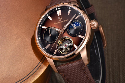 PAGANI DESIGN – Montre mécanique de luxe pour homme, 41 mm, verre saphir, bracelet en cuir, étanche, style pilote, avec tourbillon et phase de lune