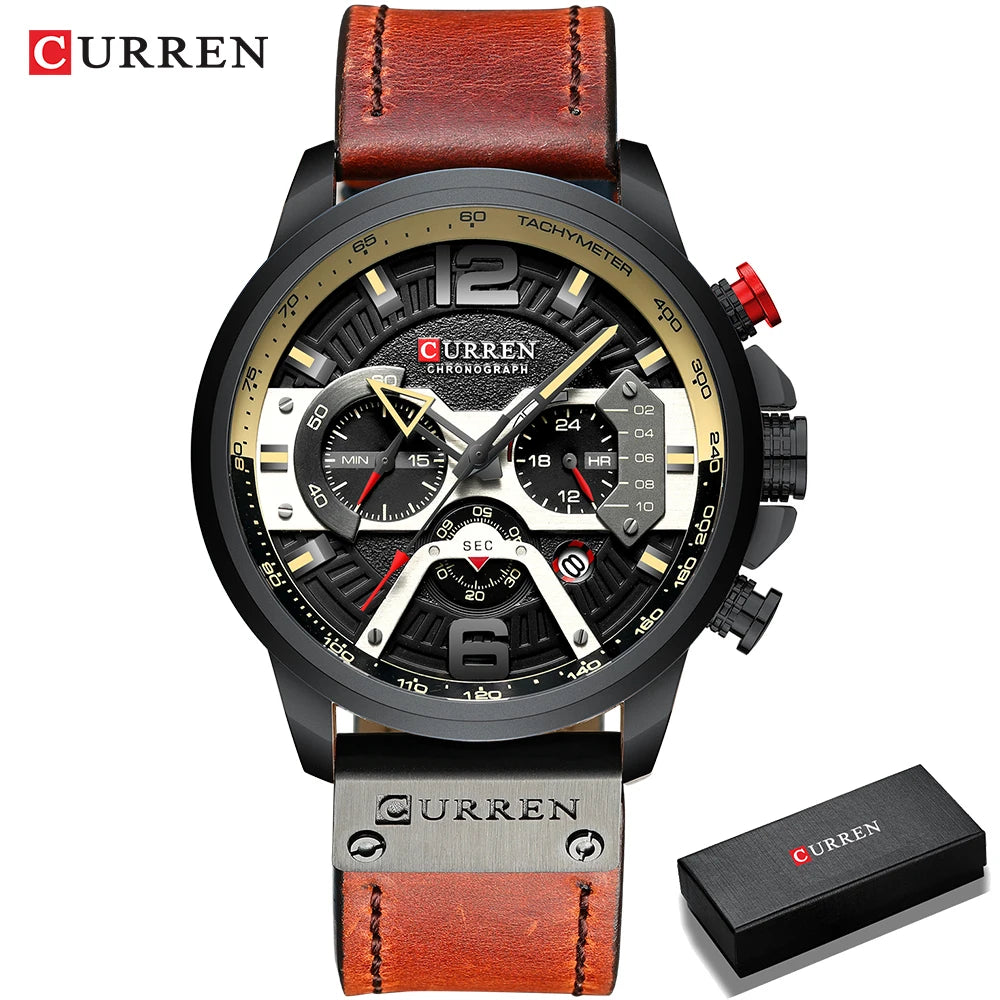 Relógio para homem CURREN 8329 – Estilo desportivo descontraído, design militar, bracelete em pele, cronógrafo na moda, relógio de luxo de grande marca