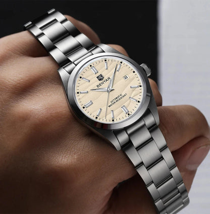 BENYAR luxury brand 40MM sand grain dial men's watch, stainless steel 50 meter waterproof automatic mechanical watch