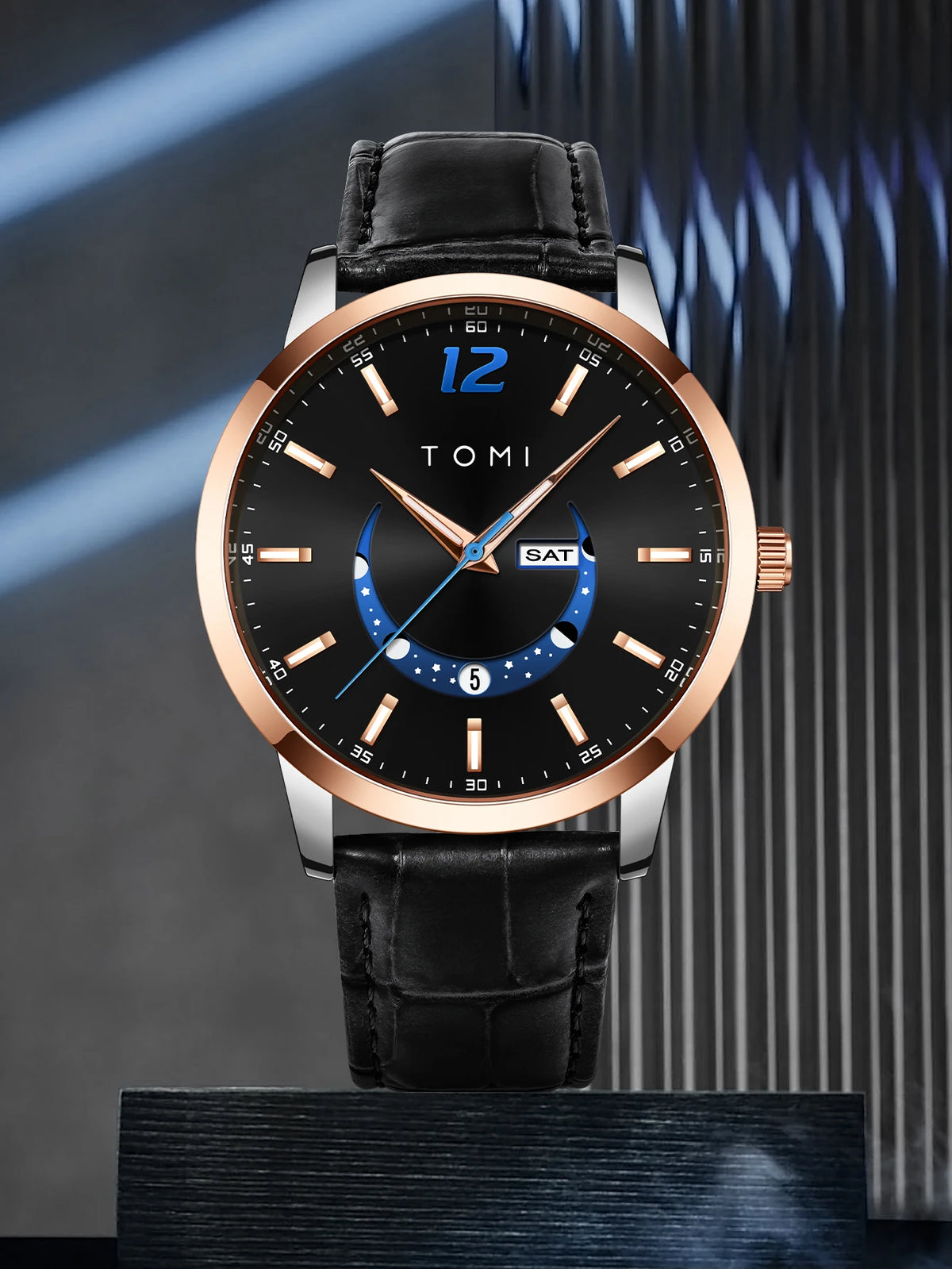 Montre à quartz TOMI, style business et élégant, avec bracelet en cuir, boîtier en alliage et cadran à aiguilles – Design haut de gamme, idée cadeau pour homme