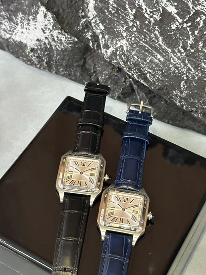 2025 new Luxury High Quality Lovers Quartz Watch Mens Women Fashion Square Leather Men silvery White Sapphire Wristwatch