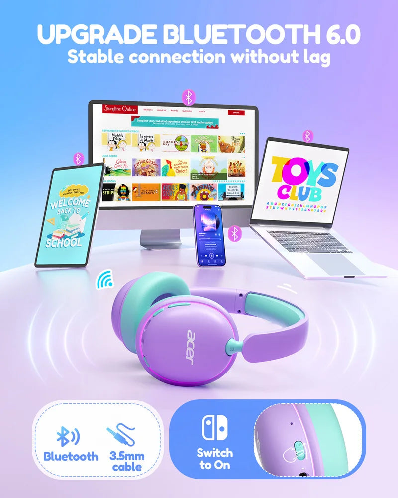 Casque Bluetooth 6.0 pour enfants Acer OHR727 avec lumières LED, conception confortable circumaurale, volume sécurisé de 85 dB, autonomie de 110 heures, microphone intégré
