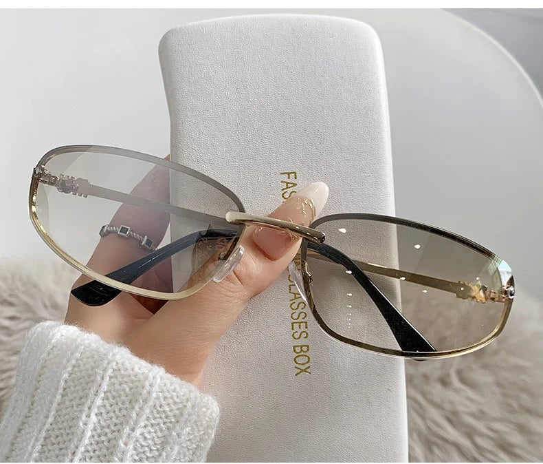 Gradient Oval Frameless Women's Sunglasses High Quality Luxury Brand Y2k Rimless Glasses Women High-end Punk Popular Shades UV