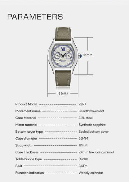 FARASUTE 2024 New 36mm Men's Quartz Watch VH64 Movement Stainless Steel Sports Fashion Sapphire Glass Waterproof Men's Watch