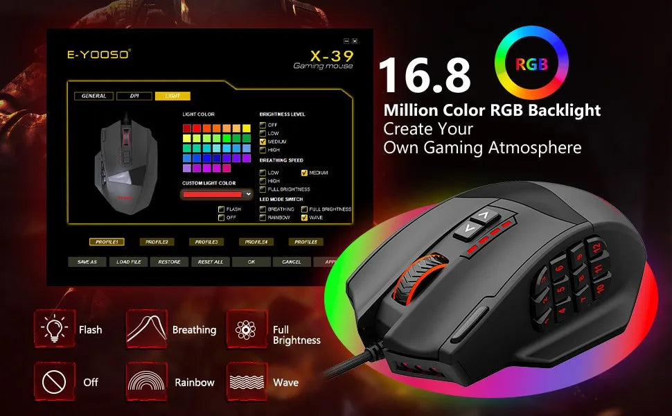 E-YOOSO X-39 programmerbar gamingmus, trådbunden RGB-mus med 18 knappar, 8 avtagbara vikter, 5 DPI, ergonomiskt grepp för dator