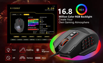 E-YOOSO X-39 programmerbar gamingmus, trådbunden RGB-mus med 18 knappar, 8 avtagbara vikter, 5 DPI, ergonomiskt grepp för dator