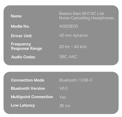Baseus Bass BH1 NC Lite ANC Wireless Headphones 95% Noise Cancelling Headsets Headphone Bluetooth 6.0 80H Over Ear Earphones