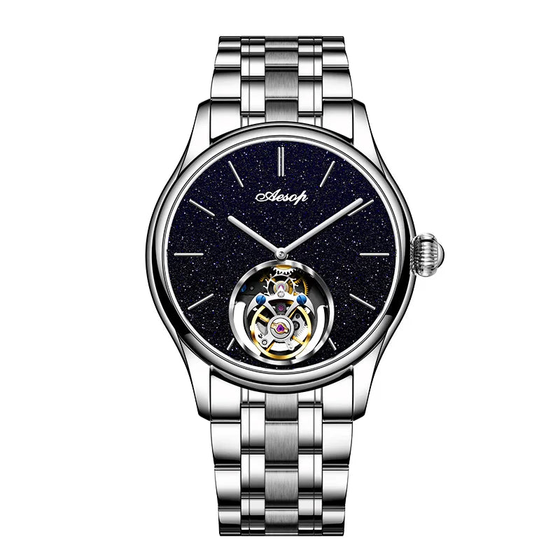 AESOP Mens Mechanical Wristwatches Flying Tourbillon Movement Skeleton Watch for Men Man Luxury Clocks Real Tourbillon Watch