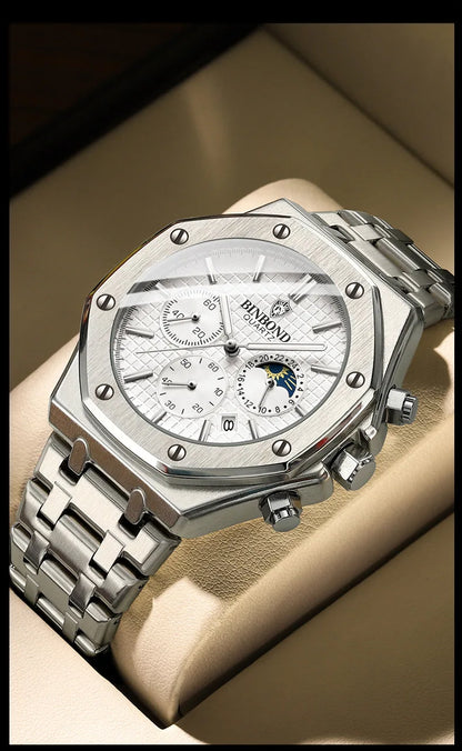 BINBOND 0161 Brand Man Quartz Watch Luxury Luminous Chronograph Wristwatch Stainless Steel Waterproof Men Date Calendar Clock