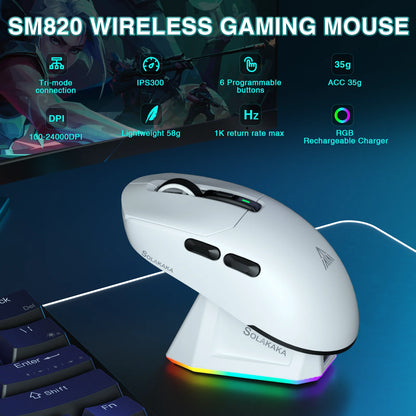 Bezdrátová herní myš SOLAKAKA SM820 Tri-mode s magnetickou dobíjecí stanicí, RGB, PAW3311, 24000DPI, bezdrátová makro myš, ultralehká