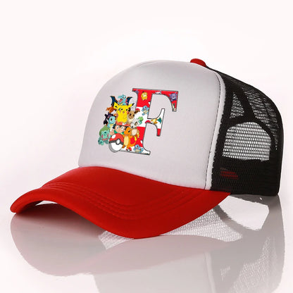 Pokemon Letter A-Z Unisex Baseball Cap Cartoon Anime Pikachu Sun Protection Mesh Sunhat Men Women Summer Outdoor Travel Peak Cap