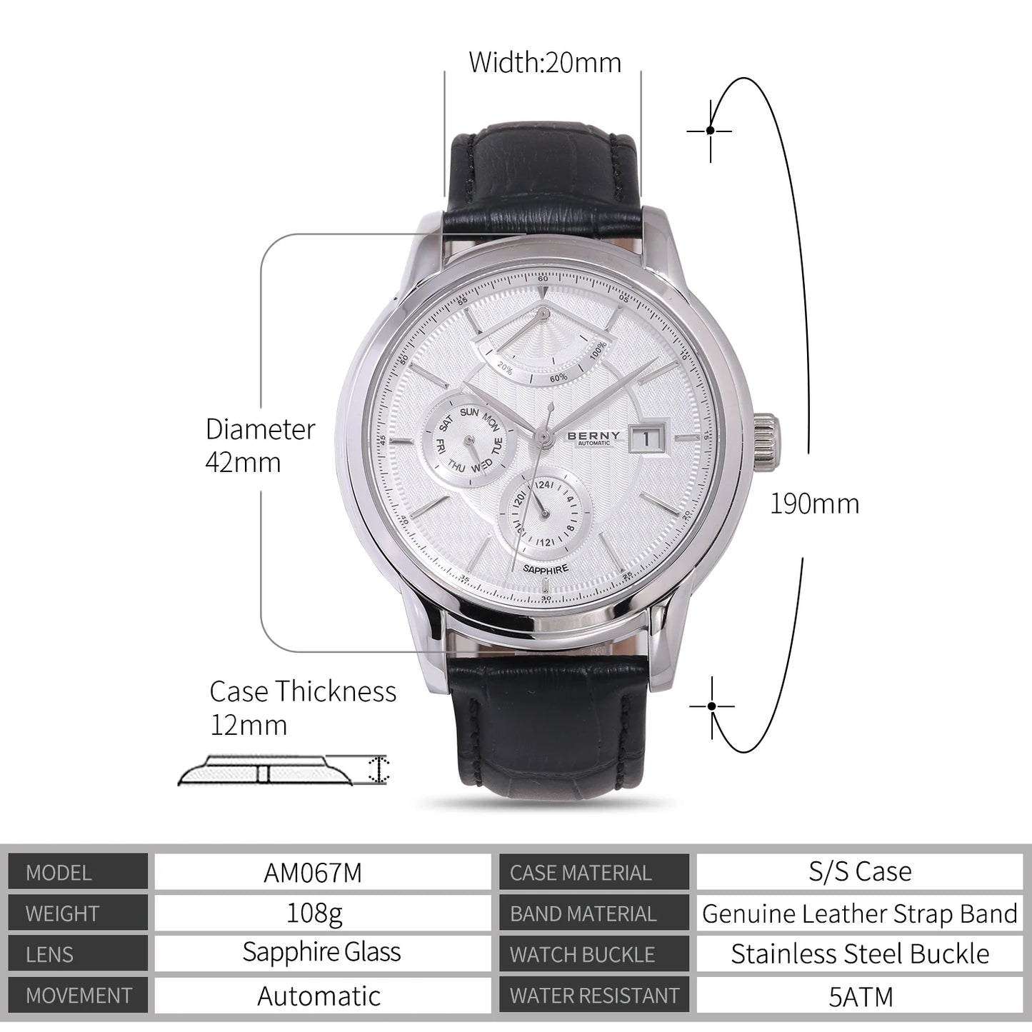 BERNY Luxury Automatic Watches for Men Fashion Elegant Mechanical Wristwatch Sapphire Date Week High-end Men's Dress Watch