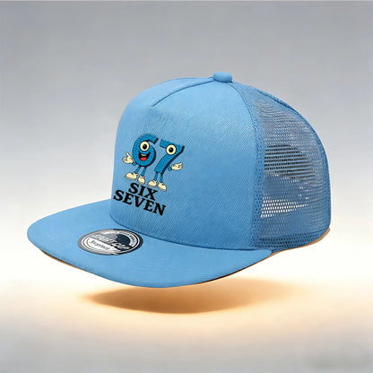 1/2PC Flat Brim Mesh Trucker Hat, Breathable, Cartoon 67 SIX SEVEN Anthropomorphic Print, Retro Streetwear for Men Women
