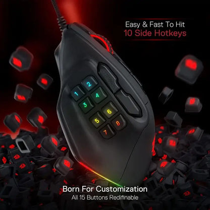 Herní myš Redragon M811 Aatrox MMO, kabelová RGB myš pro hráče s 15 programovatelnými tlačítky a ergonomickým přirozeným úchopem
