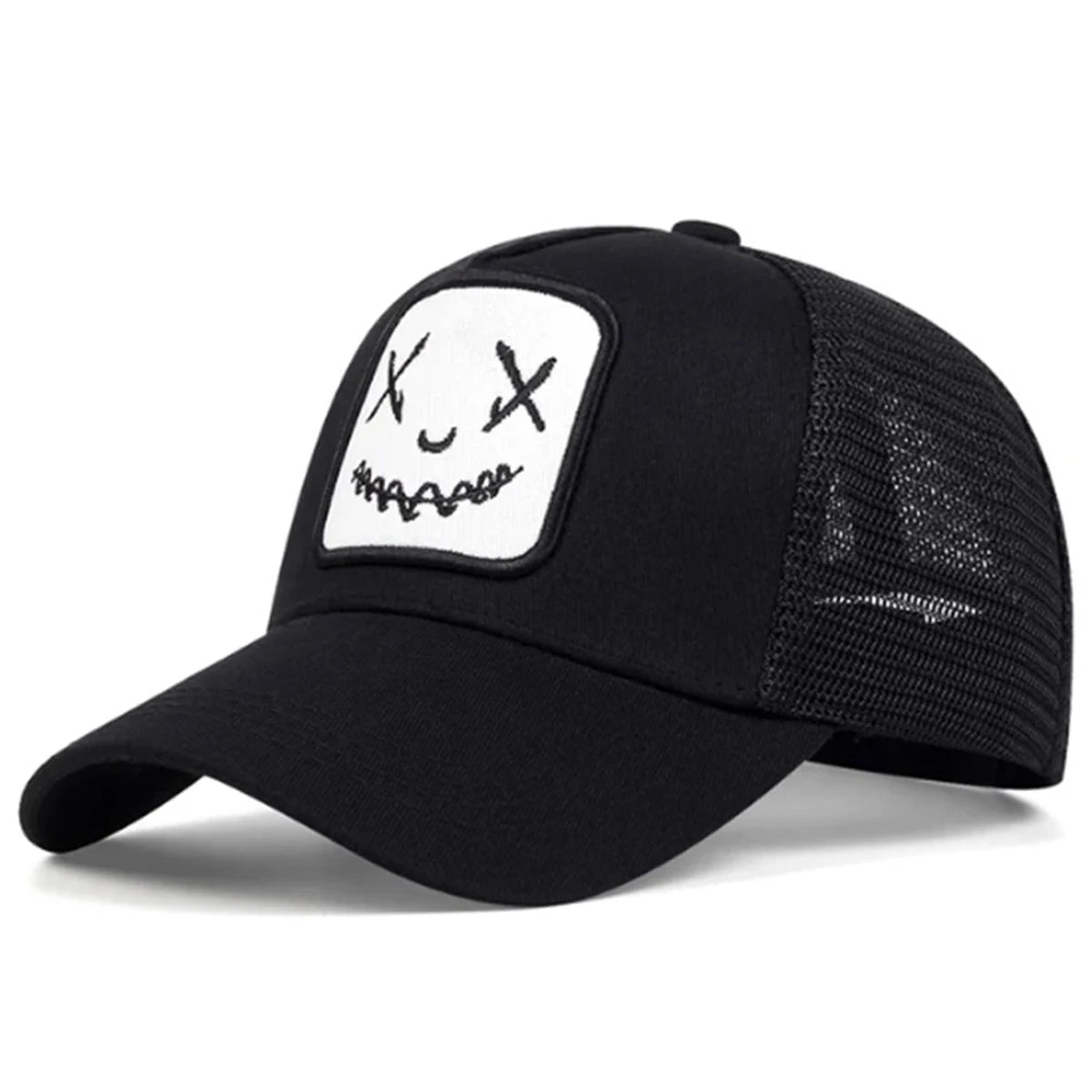 Uomo Donna Cappellini da baseball con ricamo a forma di faccina sorridente in cotone, regolabili con chiusura a scatto, cappellini Hip Hop in rete, cappellini estivi da esterno, cappellini da sole, cappellini da papà